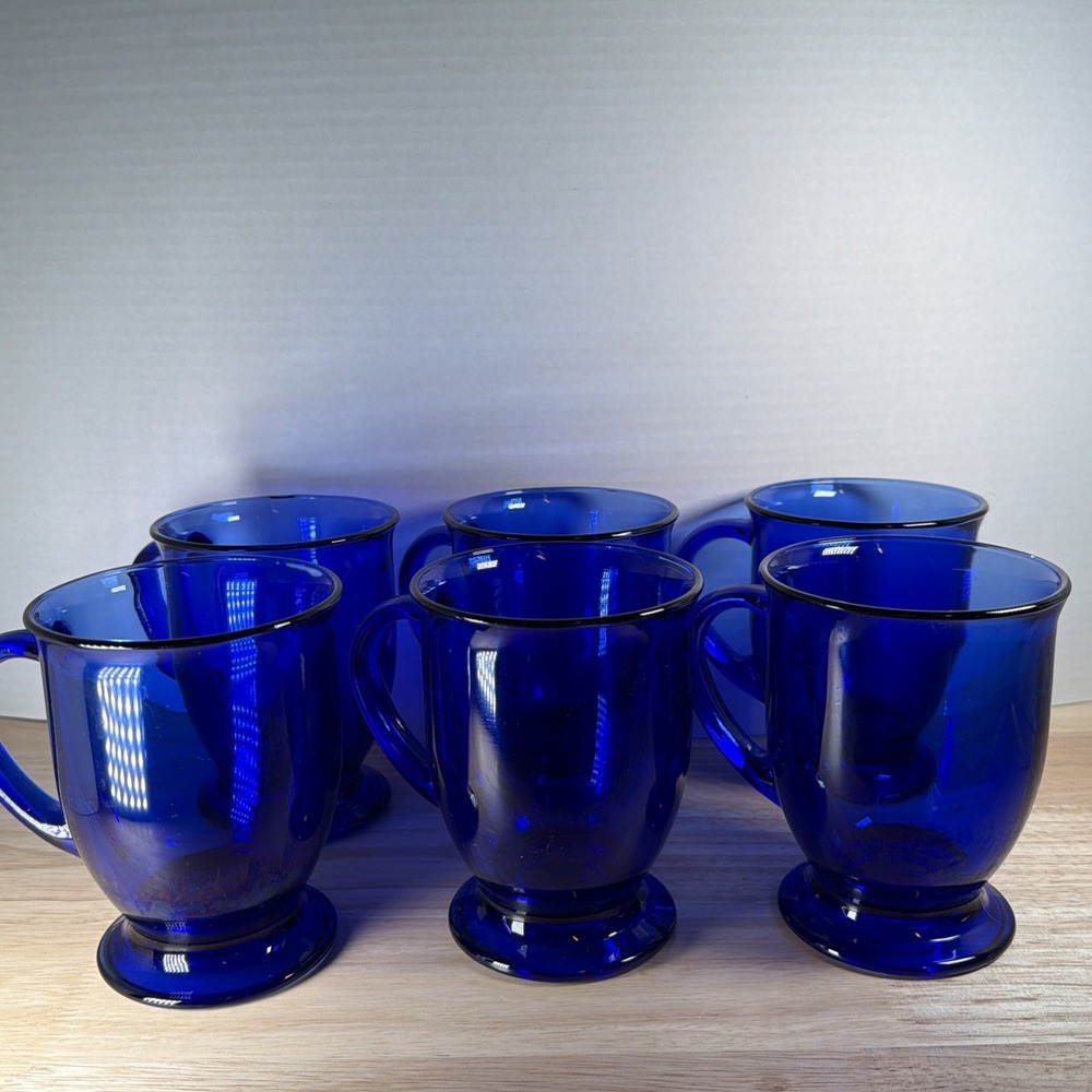 Set Of 6 Vtg Anchor Hocking Cobalt Blue Footed 5" Coffee Mugs - One Chipped